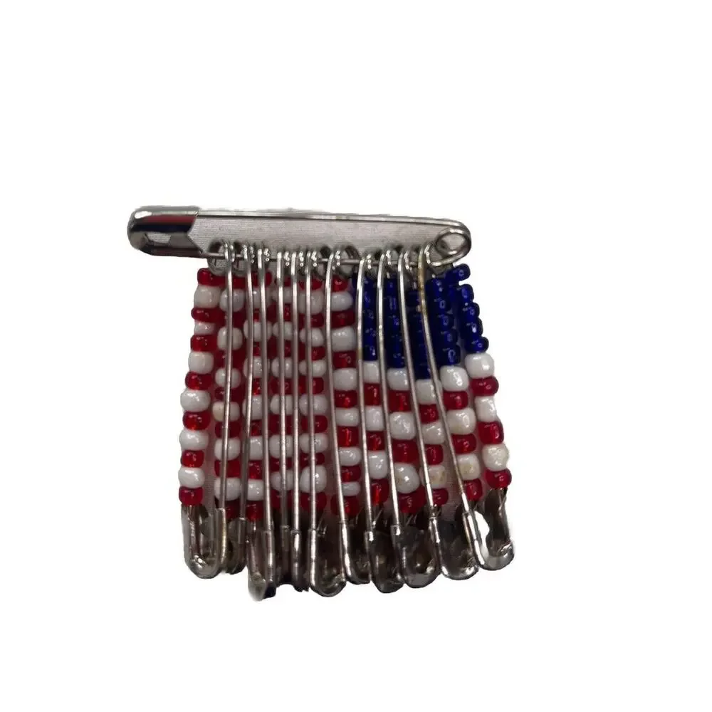 Vintage Handmade Beaded Safety Pin American Flag Brooch Pin JOH